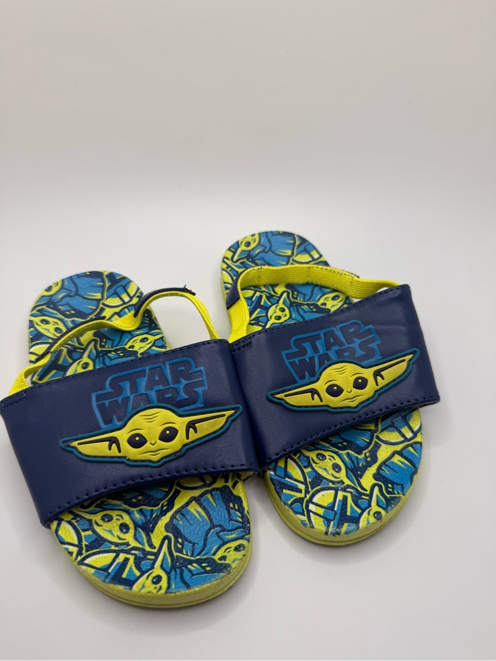 Star Wars Kids Grogu Slide Sandals Sz 7/8 Navy & Neon Yellow
